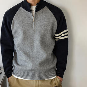 徐太浪【拼色三条横 拉链立领】套头毛衣男秋冬休闲通勤针织上衣