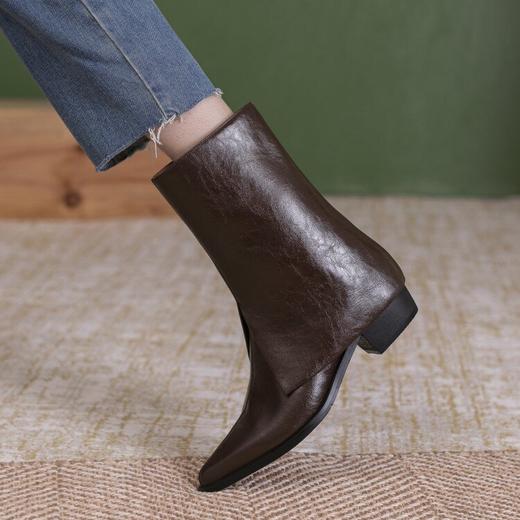 【预售5天】裤管靴女秋冬款欧美中跟短靴黑色尖头短筒靴子牛皮粗跟马丁靴168XY&A16860 商品图3