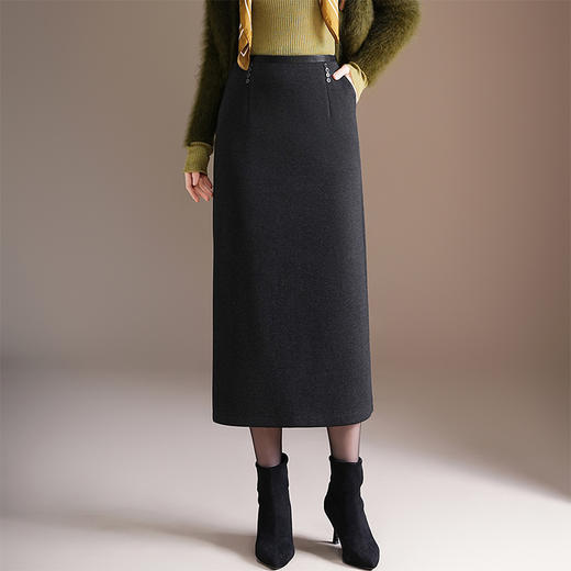 垂坠感毛呢直筒裙高腰开叉包臀一步裙，中长款显瘦半身裙MYX-MND-95868-L 商品图2