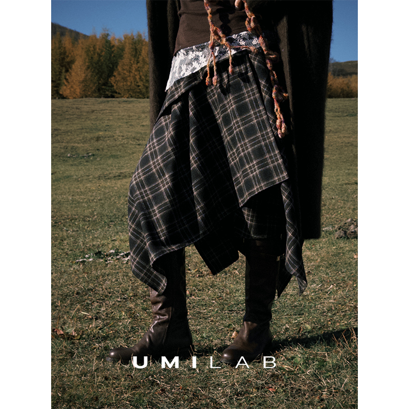 UMILAB｜叠影*城市游牧 不规则剪裁一片式松紧腰羊毛格纹半裙D836W
