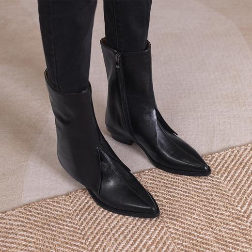 【预售5天】裤管靴女秋冬款欧美中跟短靴黑色尖头短筒靴子牛皮粗跟马丁靴168XY&A16860 商品图1