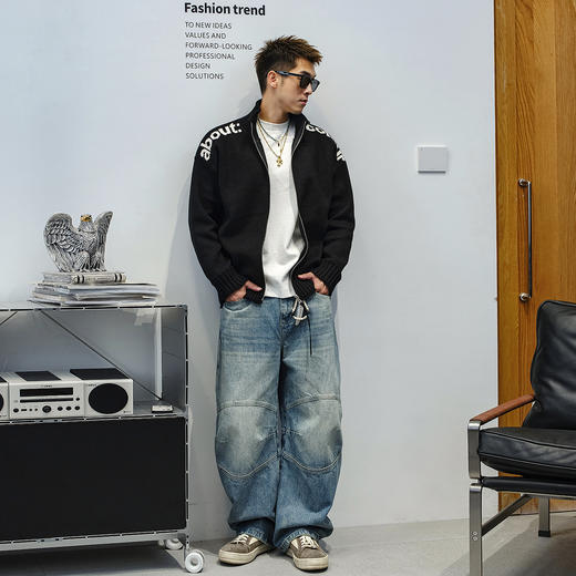 徐太浪【913g重磅 字母提花】黑色开衫毛衣男春秋休闲针织衫外套 商品图3