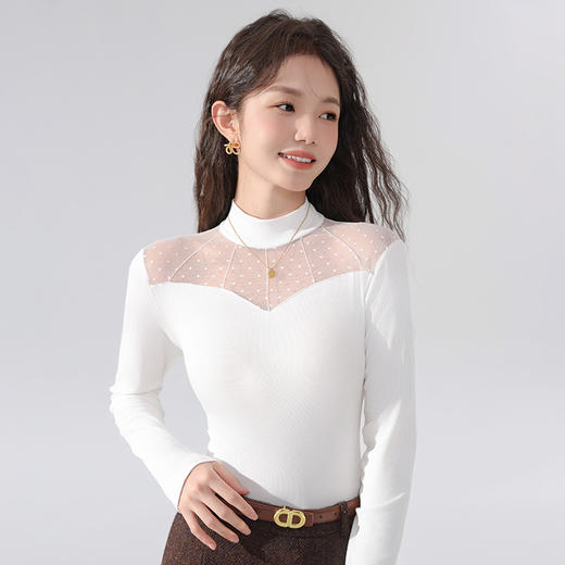 丁摩 蕾丝上衣女长袖秋冬新款大码女装半高领网纱内搭打底衫洋气衫5ZF-2515 商品图0