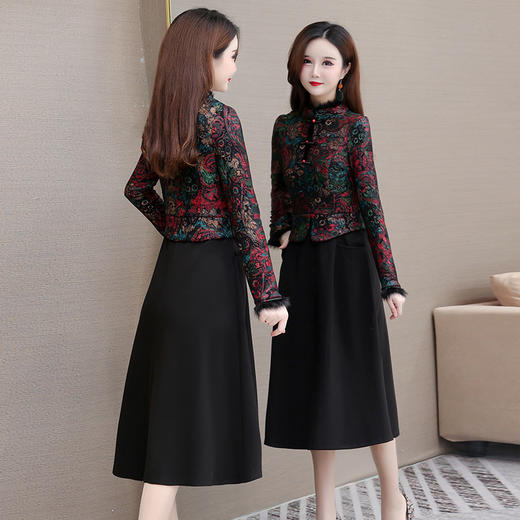 QYM 22R79-Y加绒连衣裙国风复古印花裙假两件妈妈装厚款A字裙 商品图2