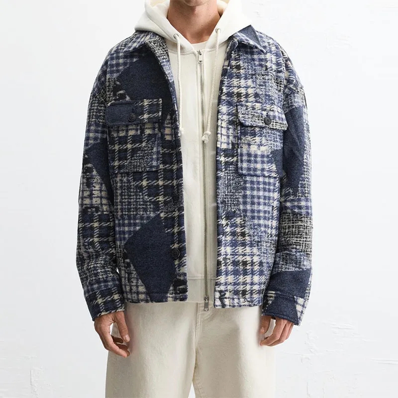 2024男士格子翻领痞帅宽松复古夹克休闲上衣格子衬衫外套