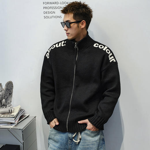 徐太浪【913g重磅 字母提花】黑色开衫毛衣男春秋休闲针织衫外套 商品图1