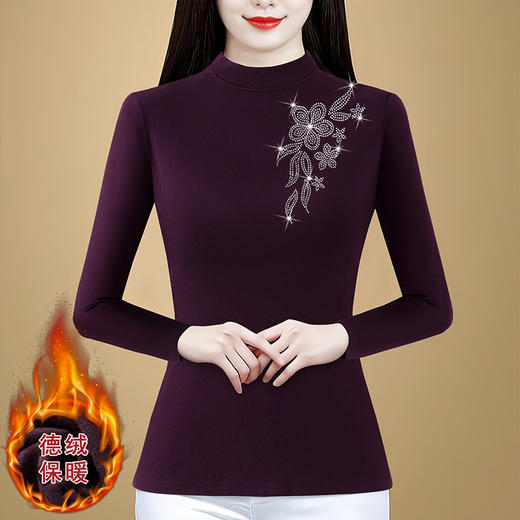 KQL 720G6728时尚加绒加厚烫钻T恤洋气半高领上衣打底衫 商品图3