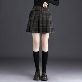 QYM 6989-Y时尚高腰A字短裙格子毛呢裙半身裙