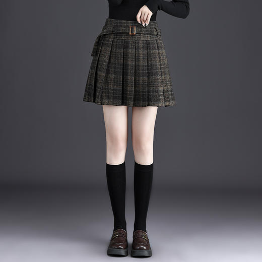 QYM 6989-Y时尚高腰A字短裙格子毛呢裙半身裙 商品图0