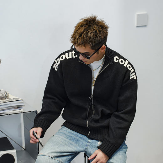 徐太浪【913g重磅 字母提花】黑色开衫毛衣男春秋休闲针织衫外套 商品图2