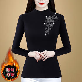 KQL 720G6728时尚加绒加厚烫钻T恤洋气半高领上衣打底衫