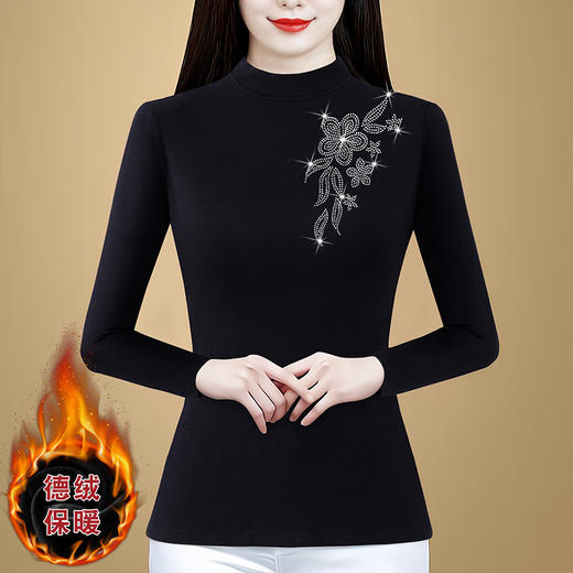 KQL 720G6728时尚加绒加厚烫钻T恤洋气半高领上衣打底衫 商品图0