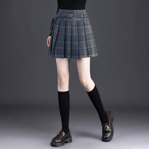 QYM 6989-Y时尚高腰A字短裙格子毛呢裙半身裙 商品图1