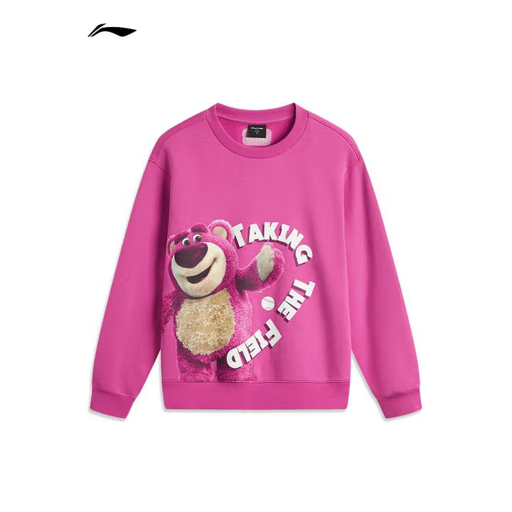 李宁女子草莓熊联名冬季加绒套头卫衣AWDU432-1玫红色