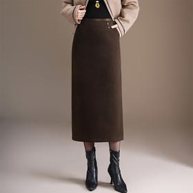 垂坠感毛呢直筒裙高腰开叉包臀一步裙，中长款显瘦半身裙MYX-MND-95868-L
