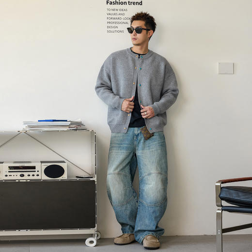 徐太浪【色彩按扣 cleanfit】灰色开衫毛衣男秋冬大码针织衫外套 商品图2