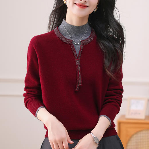 QF 62-741A优雅半高领纯羊毛衫时尚洋气撞色纯色毛衣 商品图3