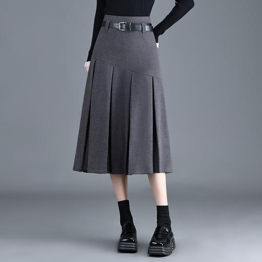 QYM 6990-Y毛呢百褶半身裙高腰裙 商品图0