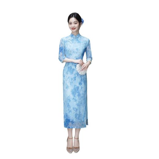 长袖旗袍长款日常复古改良版高档早秋新款年轻显瘦网纱植绒连衣裙 商品图4