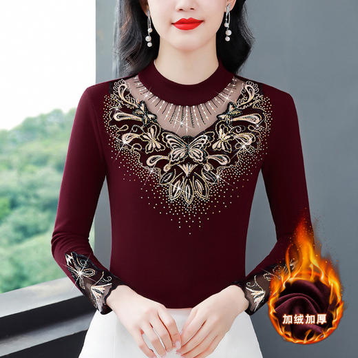 KQL 720G6719时尚洋气特色烫钻蕾丝拼接半高领气质显瘦打底衫 商品图3