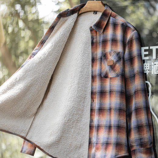 马登工装美式复古格子加绒衬衫外套摇粒绒保暖叠穿格纹衬衣男秋冬 商品图0