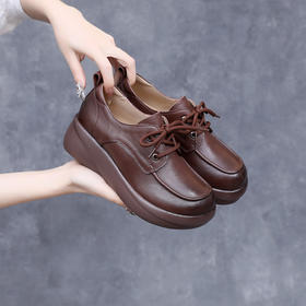 丁摩 牛皮复古英伦风小皮鞋女厚底系带大码乐福鞋春秋新款休闲单鞋5ZF-8572