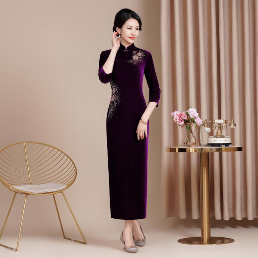 A5GH7991-1秋季新款改良版丝绒旗袍结婚喜婆婆喜妈妈敬酒服修身长款旗袍礼服 商品图1