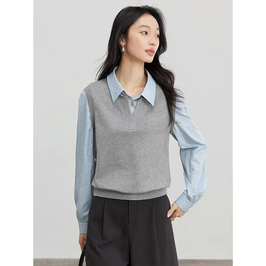 【129选3件，不支持退换】熙世界2025秋季新款女装长袖衬衫领拼接针织衫马甲假两件别致上衣 商品图3