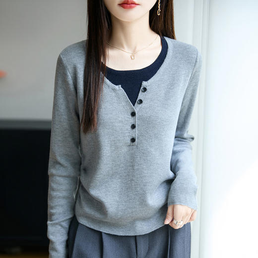 丁摩 羊毛混纺圆领假两件撞色打底针织衫QT2-589 商品图2