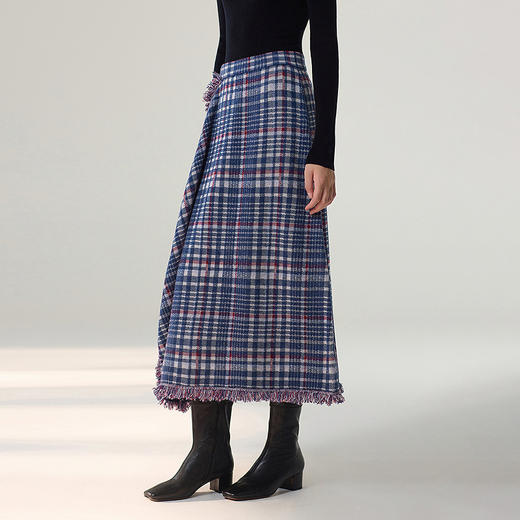 【林栖设计小店】格纹毛织半身裙复古百搭气质宽松2025秋冬新款流苏裙子女1954005 商品图1