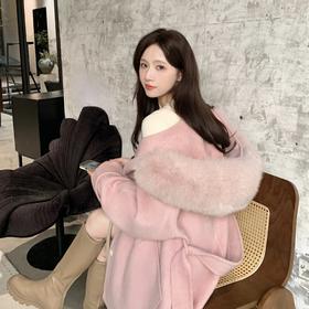 现货【白桃奶酪】高定款羊驼绒大衣时髦戴帽超大狐狸毛领双面呢