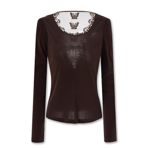 「高货wl」全新升级【铂金会员220/天猫299/差价79】(45536)洛诗琳手工钉珠丝绒打底衫2025秋冬后背蕾丝刺绣拼接上衣 商品图4