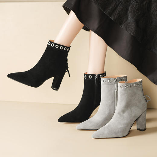 OLD M1215-1羊反绒高跟短靴粗跟真皮尖头侧拉链靴 商品图0