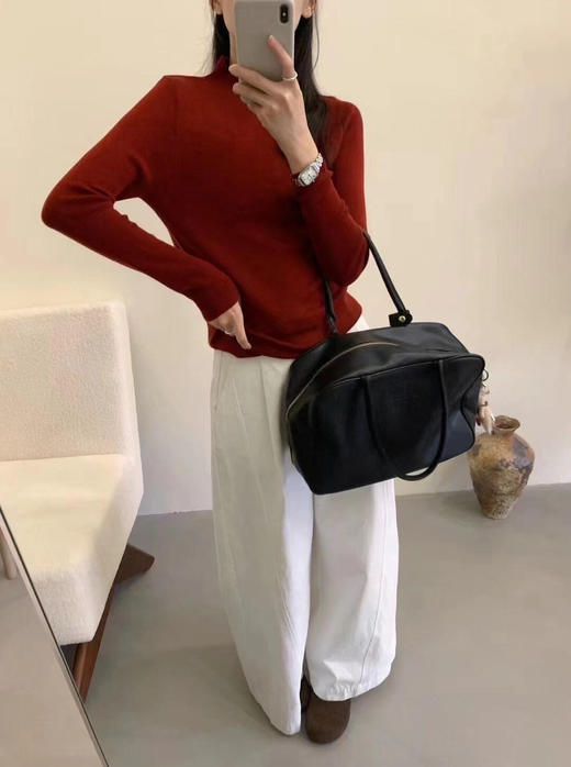 羊毛打底衫 秋冬天鹅绒T恤日系休闲简约显白显瘦温柔小立领长袖针织衫女春季通勤毛衣内搭 商品图10