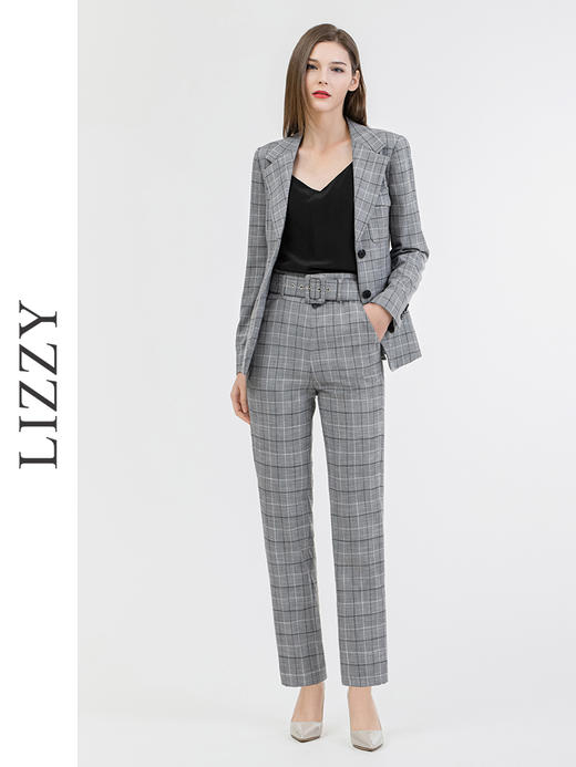 LIZZY 英伦风格纹西装裙型衣摆外套+裤子套装（配腰带）7367 商品图3