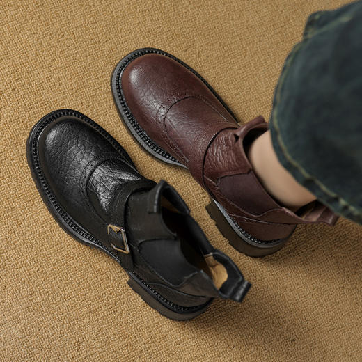 【预售5天】英伦风皮带扣厚底短靴女秋冬真皮裸靴棕色马丁靴粗跟切尔西靴ML&S9856 商品图1