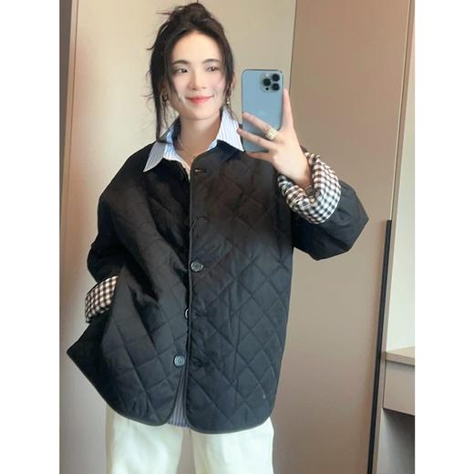 ERD&OS 轻便夹克棉服女V领复古菱型格纹两穿宽松外套 商品图1