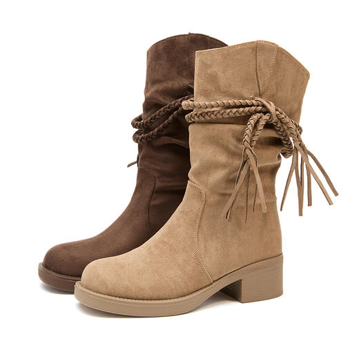 西遇西部牛仔靴女新款秋冬废土风流苏复古堆堆靴中筒粗跟短靴V2257259 商品图4