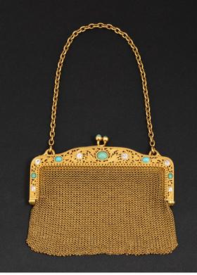 独角鹿西洋古董 19世纪末法国出品花叶纹镂雕18K黄金镶嵌钻石及绿松石网状编织晚宴包