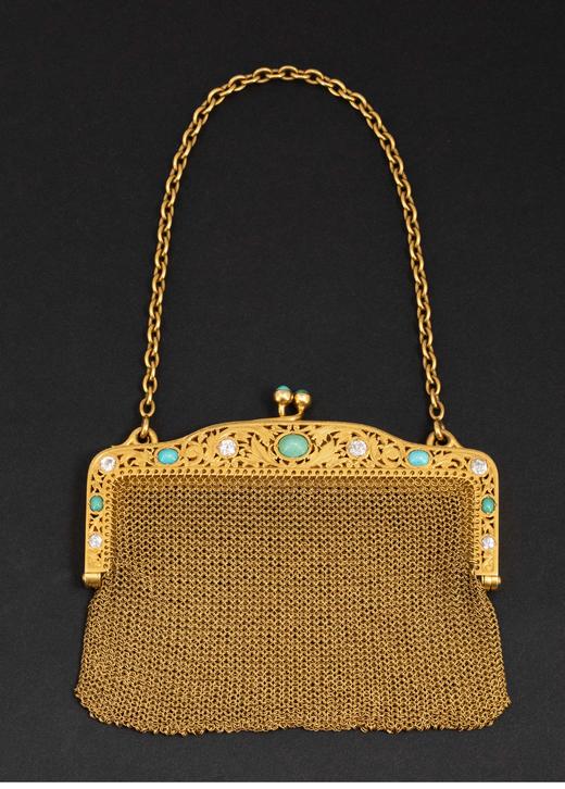 独角鹿西洋古董 19世纪末法国出品花叶纹镂雕18K黄金镶嵌钻石及绿松石网状编织晚宴包 商品图0