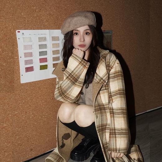 现货 剑桥美院 复古学院风 双面穿撞色格纹连帽长款大衣 商品图2