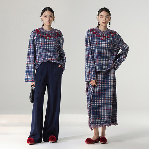 【林栖设计小店】【手工绣花】毛织上衣复古格纹宽松2025秋冬新款毛衣女1954028 商品图2