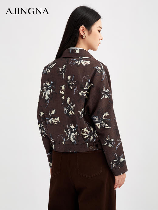 【商场同款】阿菁娜秋季新款印花亚麻夹克复古巴恩风翻领短外套立体袖型设计双拉链凹造型A30Q107005 商品图2