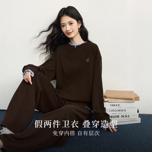 【10/23新品】熙世界琥珀流光风棕色针织卫衣休闲阔腿裤两件套装女2025秋冬新款 商品图1