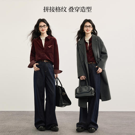 【10/23新品】熙世界港风复古纯棉灯芯绒衬衫外套女秋冬新款撞色格纹酒红色衬衣 商品图3