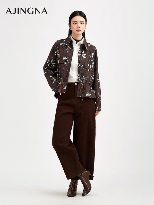 【商城同款】阿菁娜秋季新款抽象印花亚麻夹克复古巴恩风衬衫外套腰部抽绳A30Q107013 商品图3