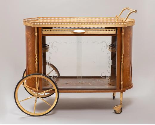 独角鹿西洋古董 1900年代法国出品铜鎏金装饰繁花卷叶主题细木镶嵌可移动式双层酒柜 商品图0