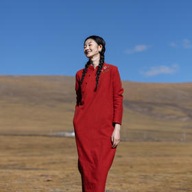 牧衣游原创 手工刺绣纯棉连衣裙女冬新款宽松复古新中式长裙 花束