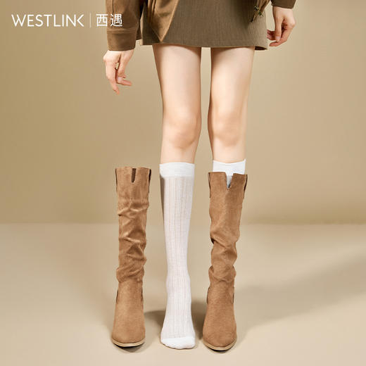 西遇高筒西部牛仔靴女新款秋冬内增高褶皱堆堆靴美拉德长筒靴V2257225 商品图2