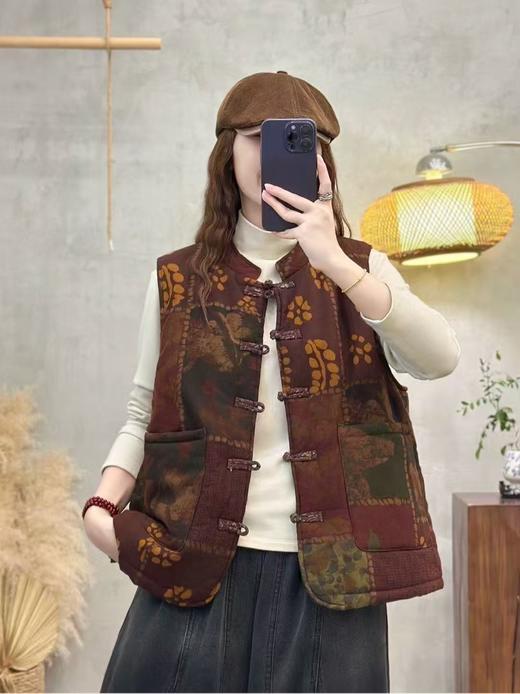 冬季新款复古印花马甲新中式盘扣无袖背心女民族风背心坎肩 商品图4